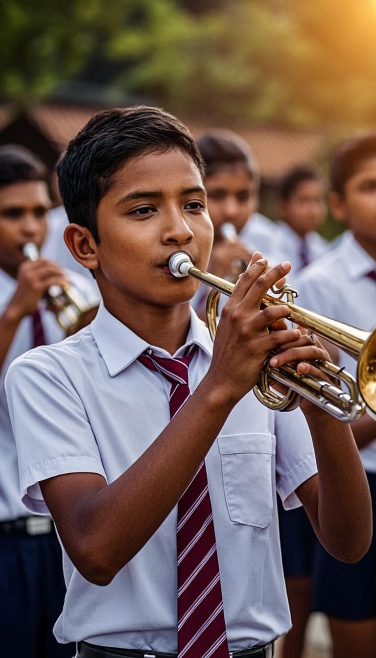 A student trumpeter performing with the college band