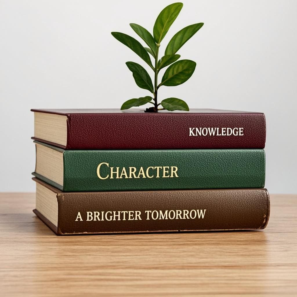 Three stacked books titled Knowledge, Character and A Brighter Tomorrow, with a young plant sprouting from the top