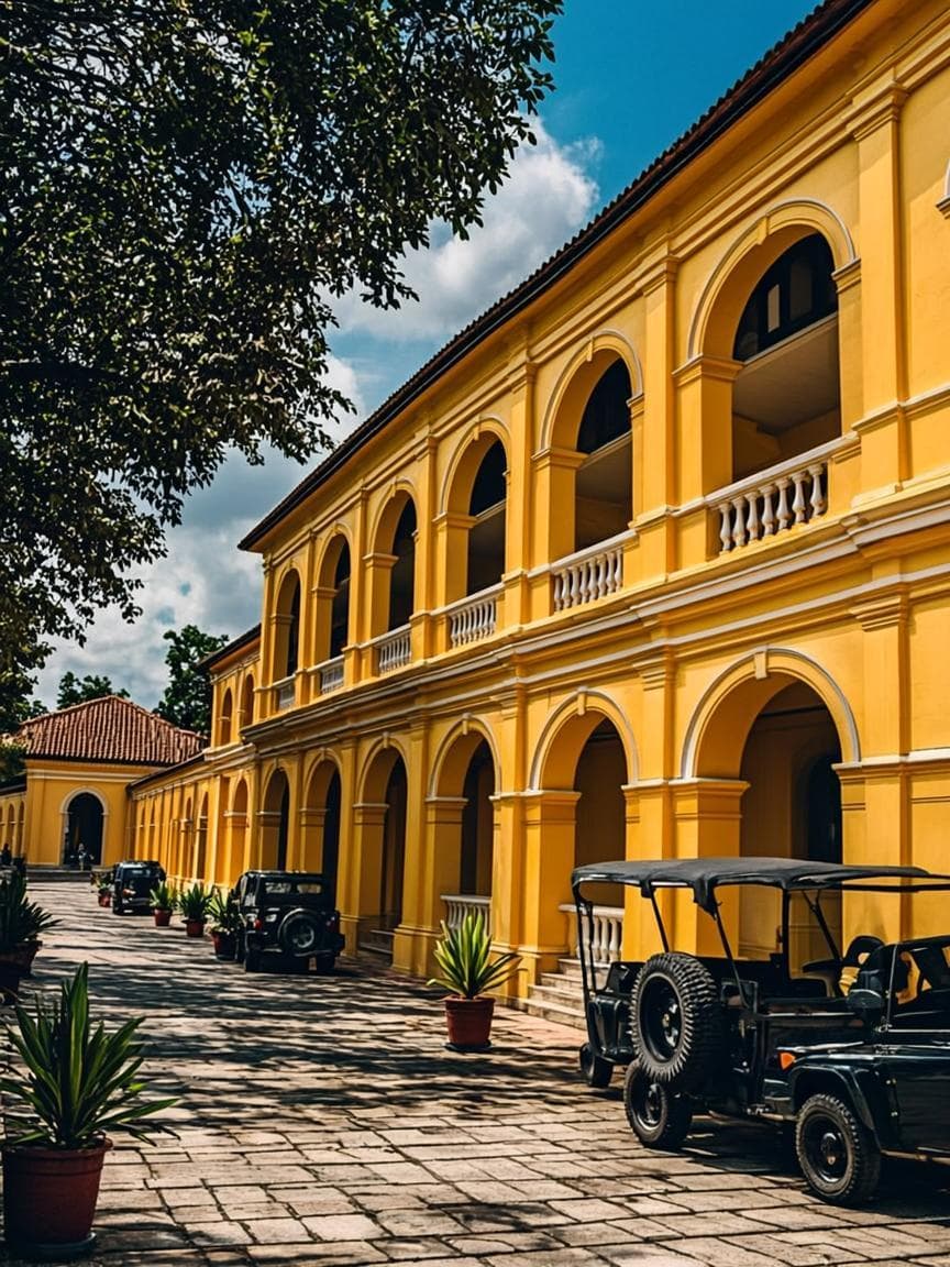 The historic yellow two-storey college building with its arched verandas