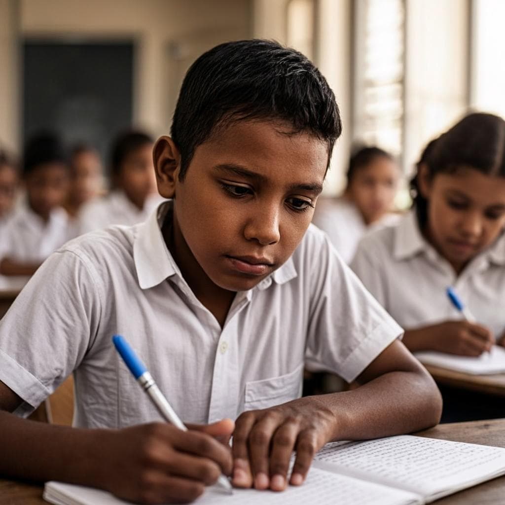 A student concentrating on his exercise book
