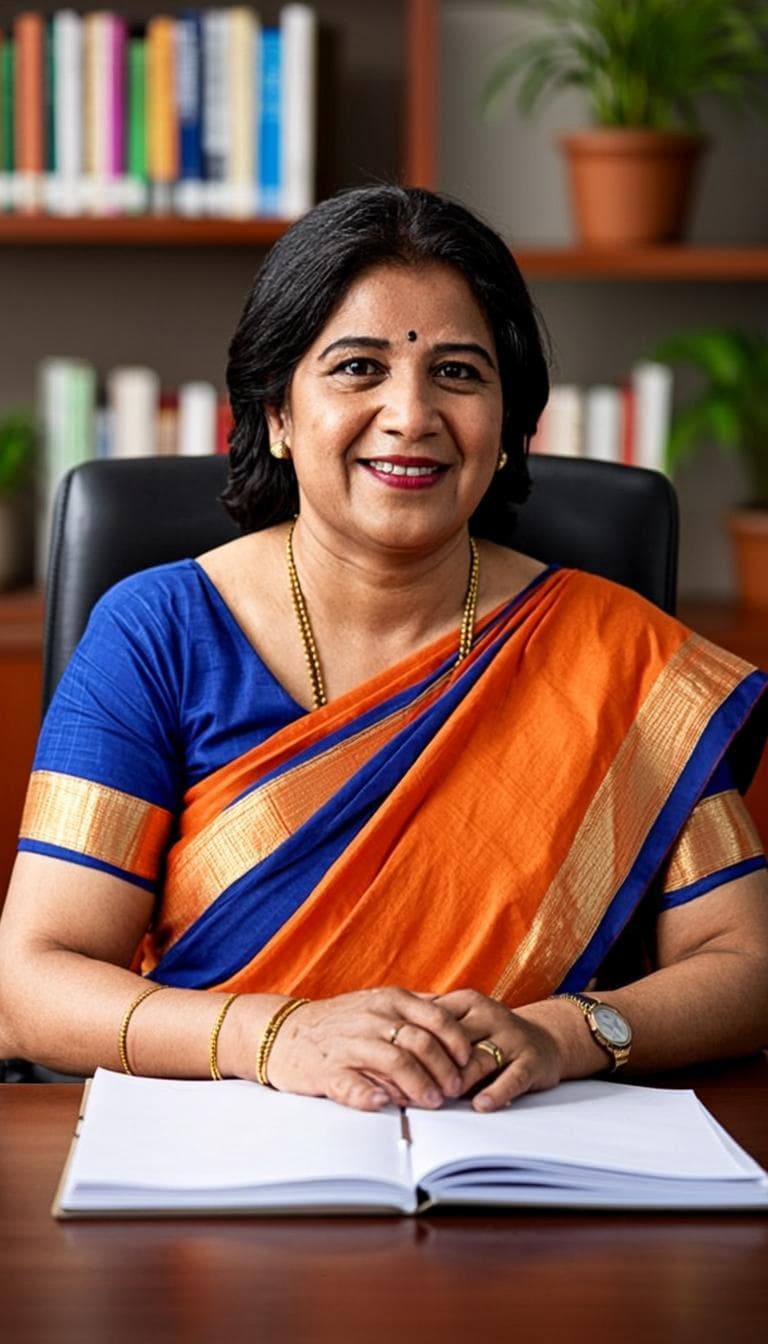 Portrait of the principal of Eheliyagoda Central College seated at her desk