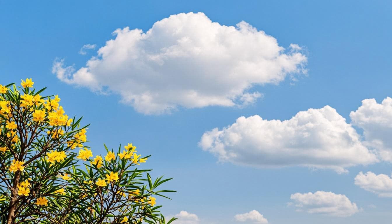 Bright blue sky with soft clouds above flowering college trees