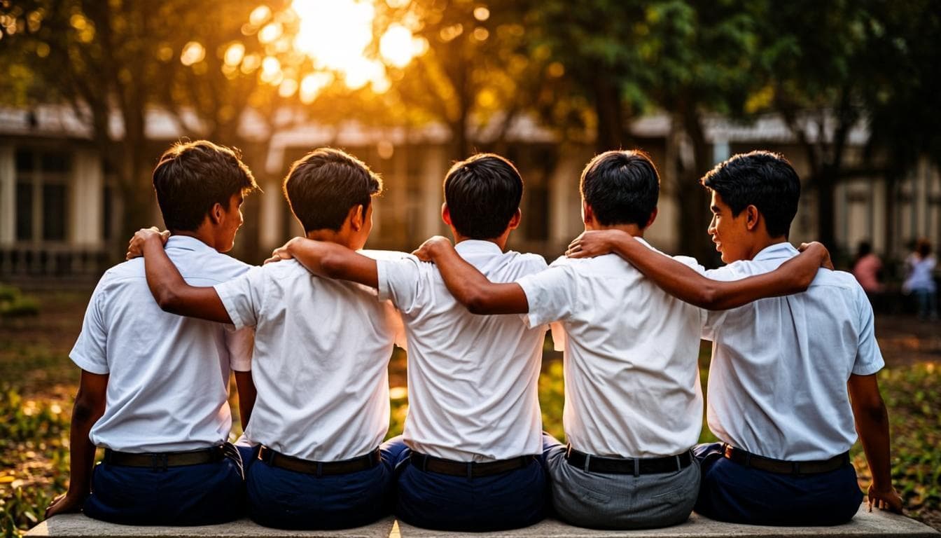 College students sitting arm in arm on a bench in the golden evening light